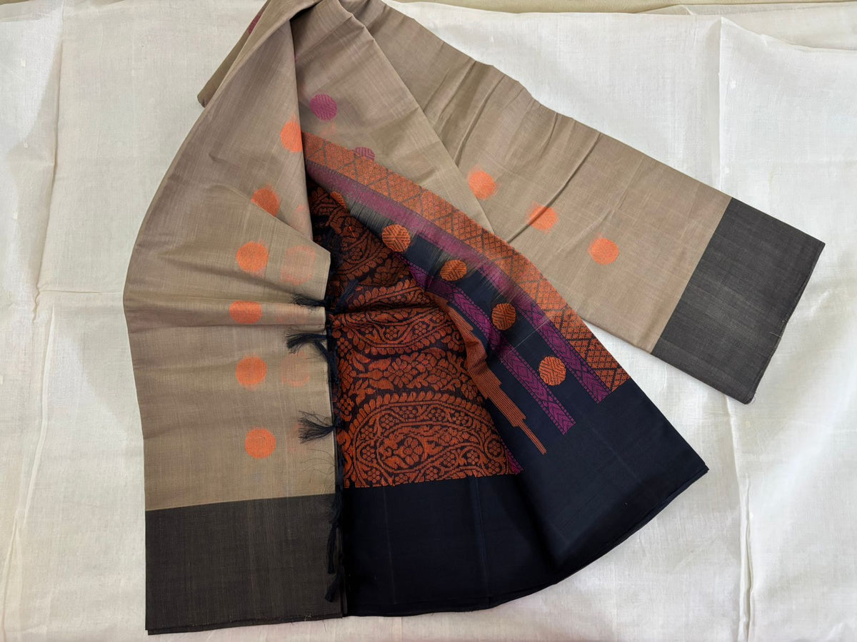 Chettinad Cotton Saree – Beige & Black with Multicolour Polka Butta