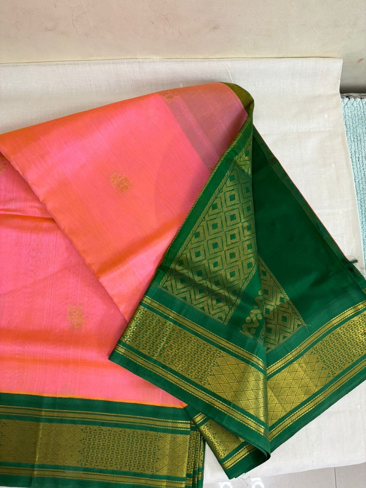 Silk Cotton Saree – pink and orange body with bright green border