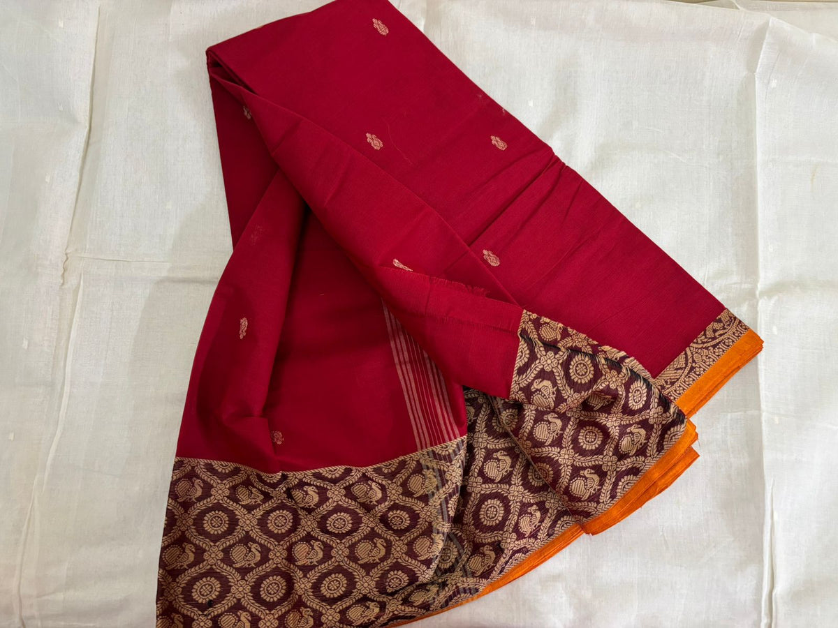 Chettinad Cotton Saree – Classic Red with Maroon-Gold Border