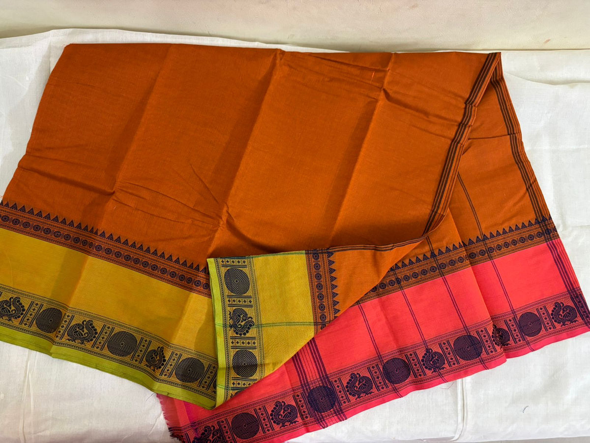 Chettinad Cotton Saree – Rust Orange with Dual Contrast Border