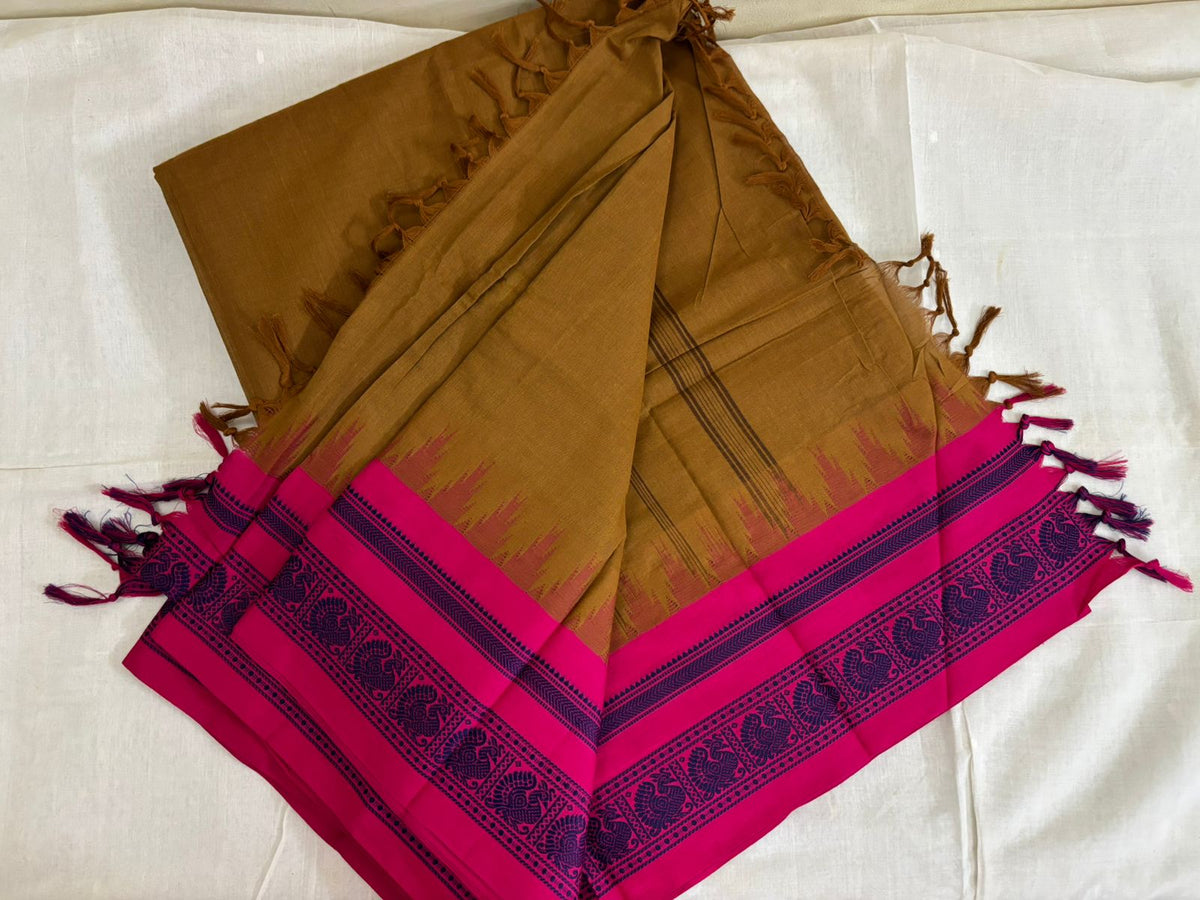 Chettinad Cotton Saree – Mustard Gold with Magenta Temple Border