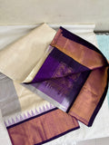 Silk Cotton Saree – Ivory with deep purple and Gold Zari Border