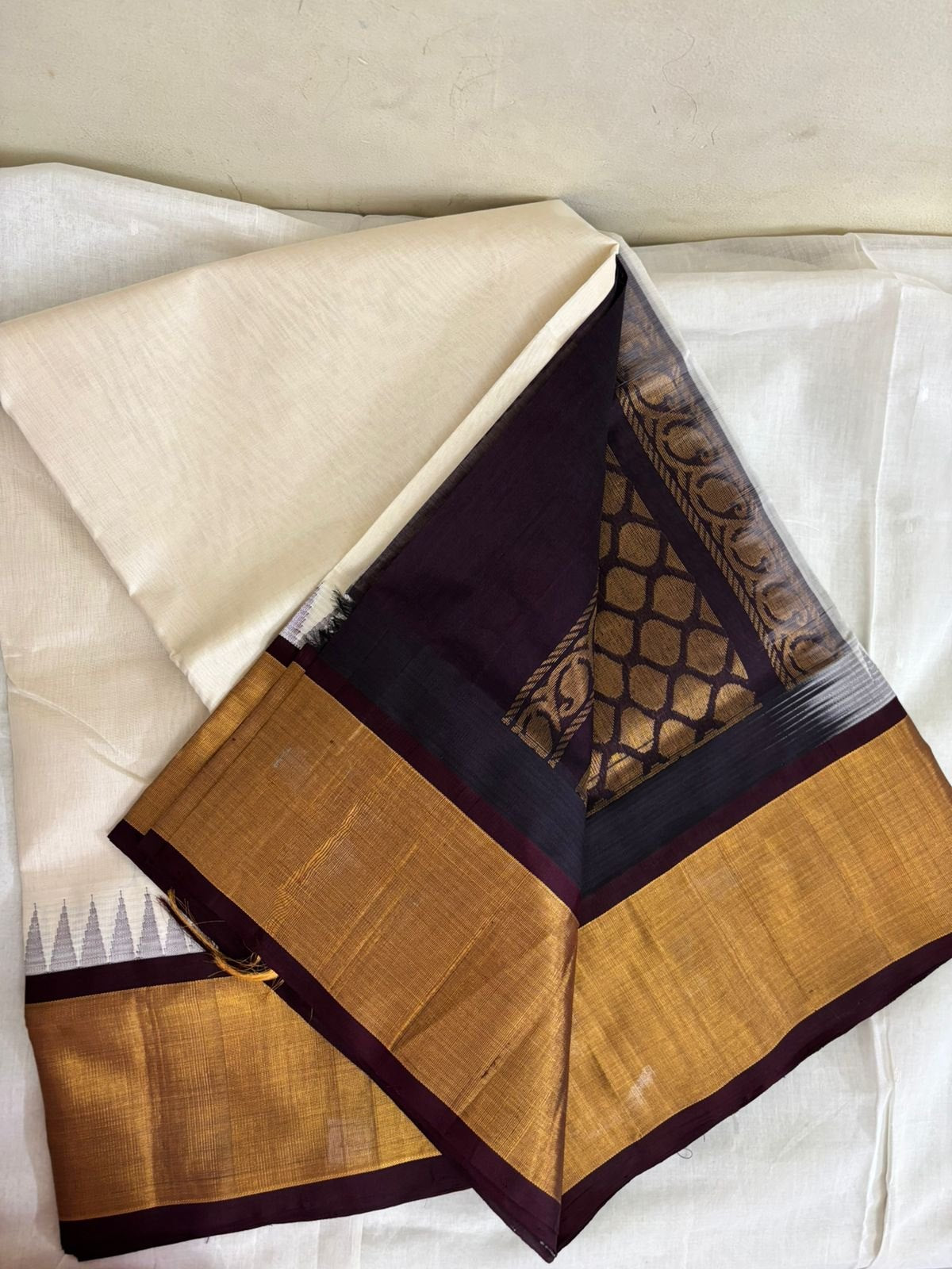 Silk Cotton Saree – Ivory with dark brown and Gold Zari Border