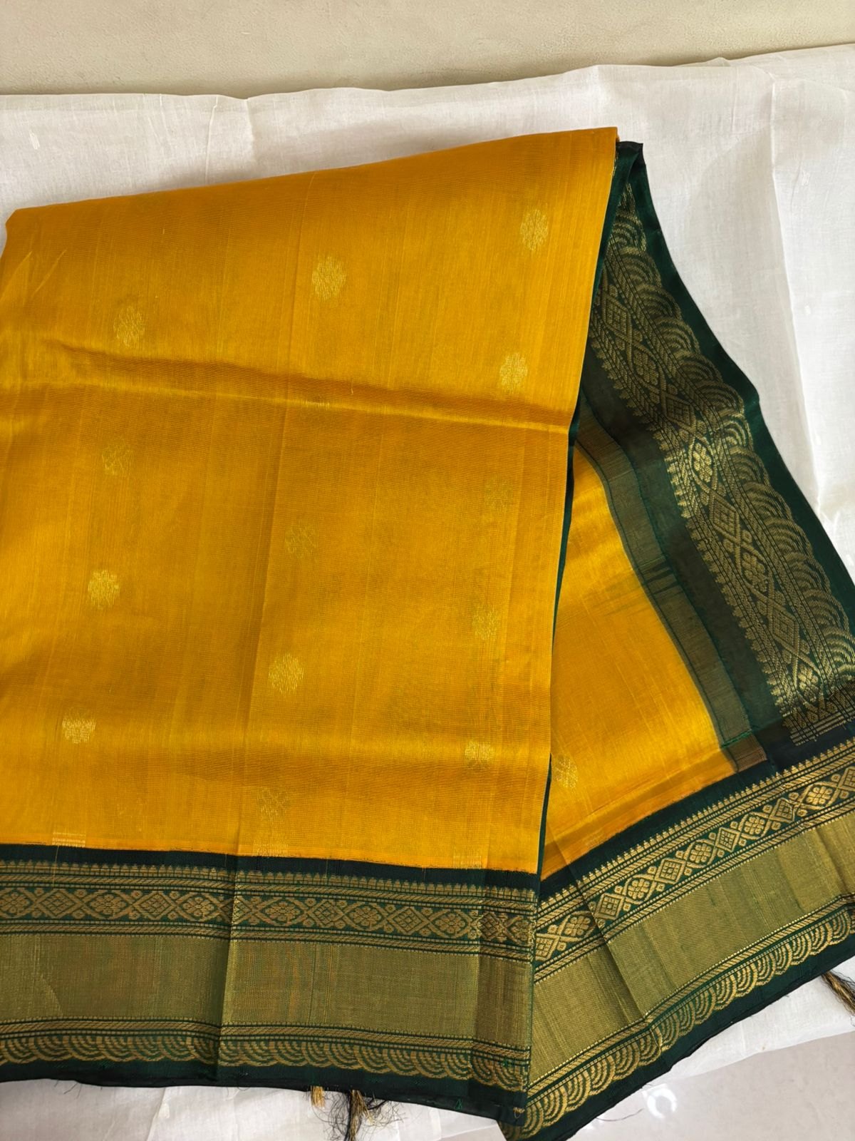 Silk Cotton Saree – Mustard Yellow with Bottle Green Zari Border