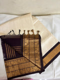 Silk Cotton Saree – Ivory with deep chocolate brown and Gold Zari Border with short and long borders