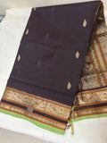 Silk Cotton Saree – Deep Plum with Green and Gold Zari Border