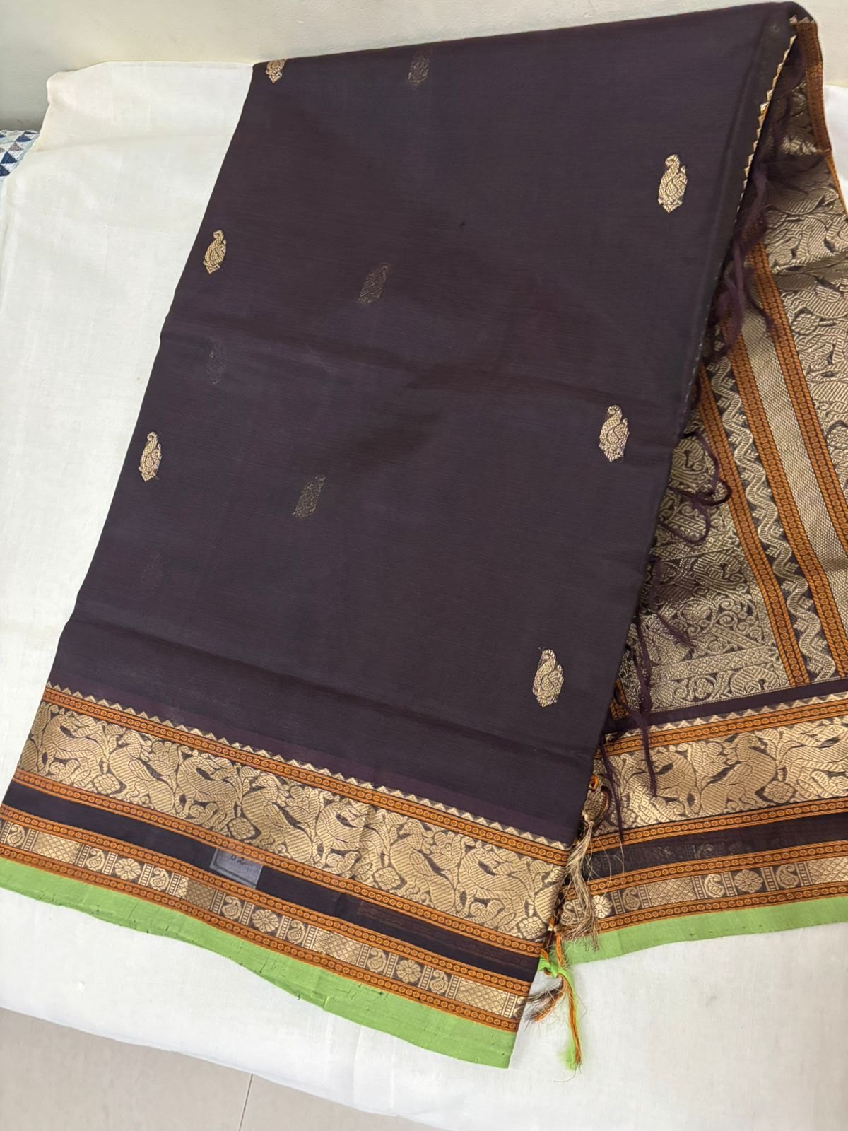 Silk Cotton Saree – Deep Plum with Green and Gold Zari Border