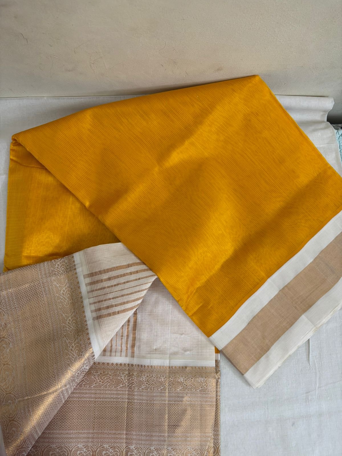 Silk Cotton Saree – Mango yellow with off white Gold Zari with short and long borders
