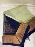 Silk Cotton Saree – Pastel Green with Navy and Copper Zari Border