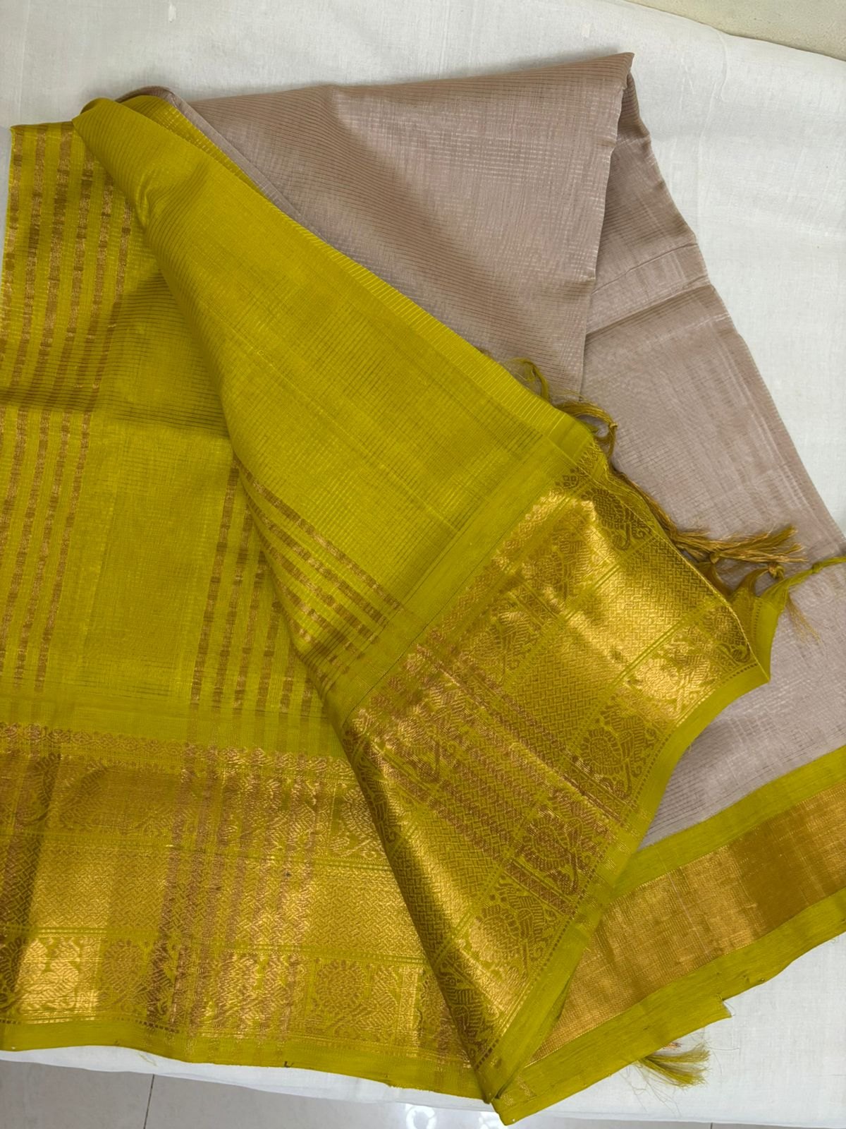 Silk Cotton Saree – Lime Green with Beige and Gold Zari Border
