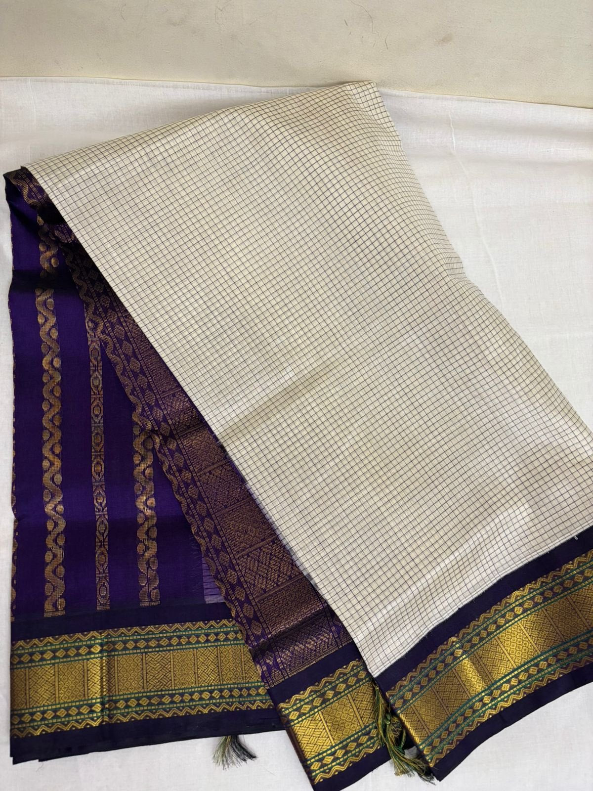Silk Cotton Saree – Ivory Checks with Purple and Gold Zari Border