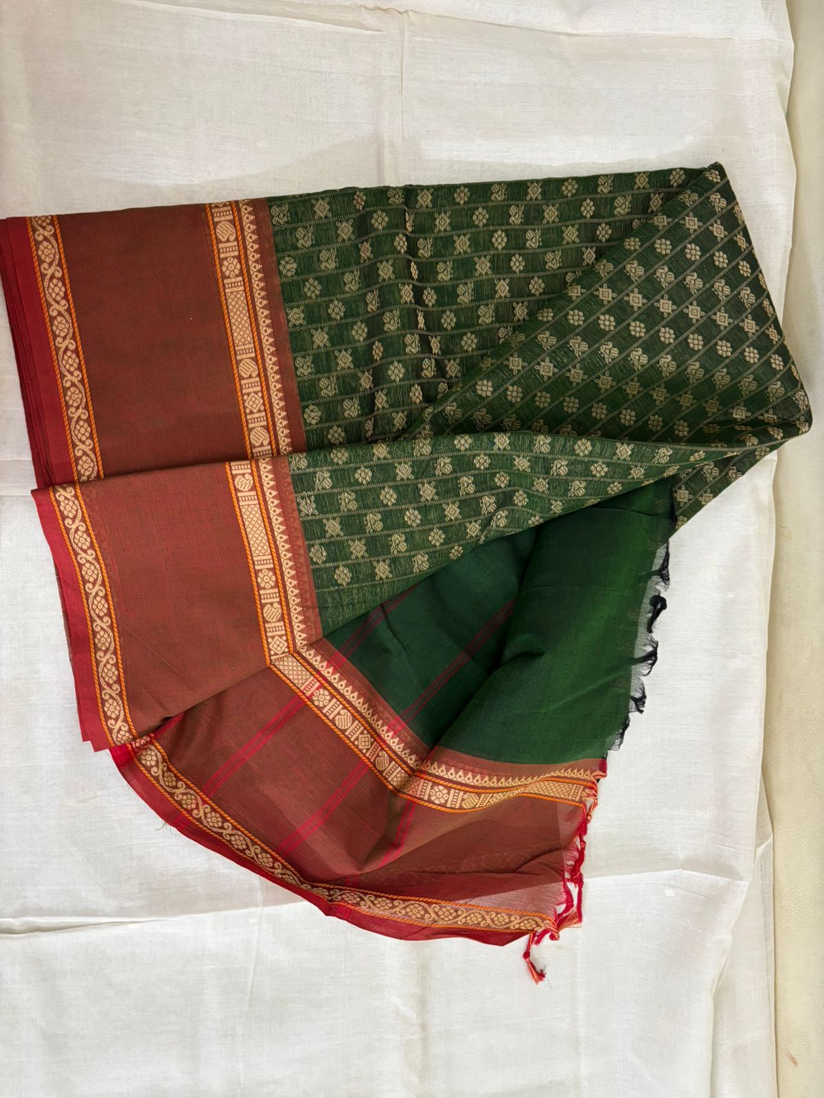 Chettinad Cotton Saree – Bottle Green with Maroon thread Border
